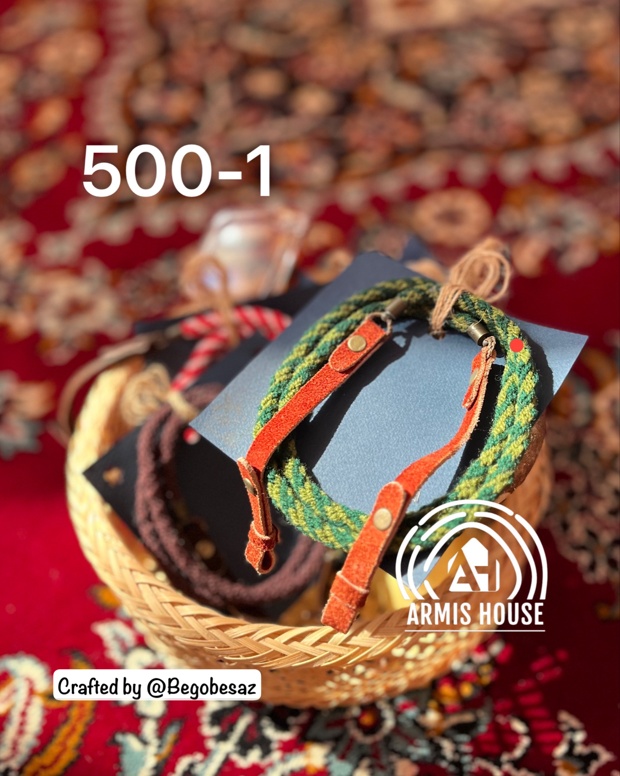 بند عینک دست بافت با نخ گلیم و چرم طبیعی