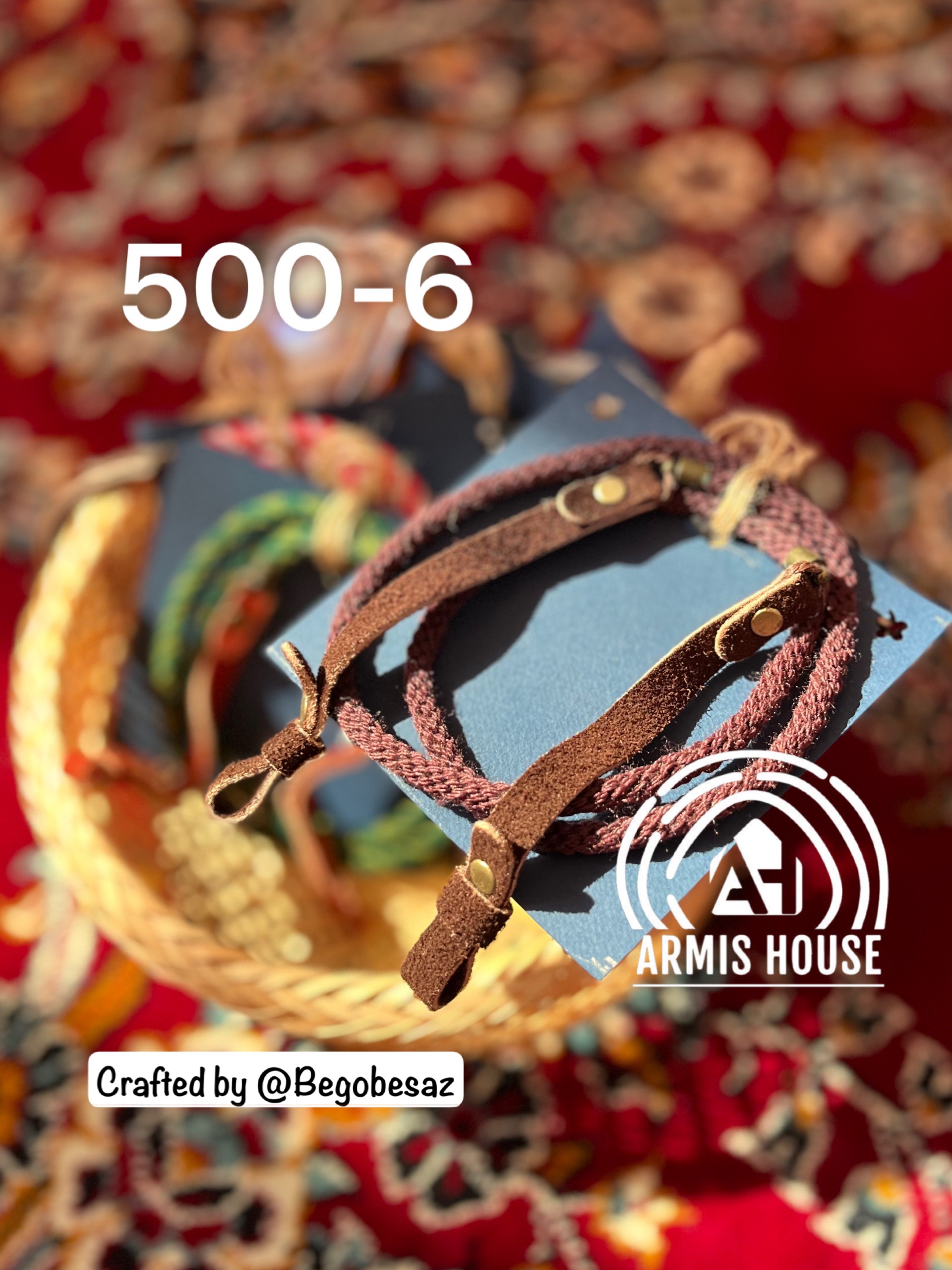 بند عینک دست بافت با نخ گلیم و چرم طبیعی